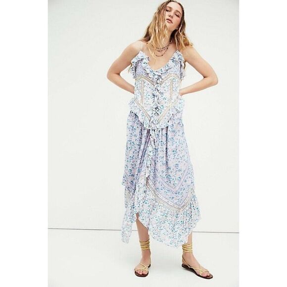 NWT FREE PEOPLE BALI Sz S CANYON MOON MAXI TOP FLORAL RUFFLE LACE TRIM SLIP